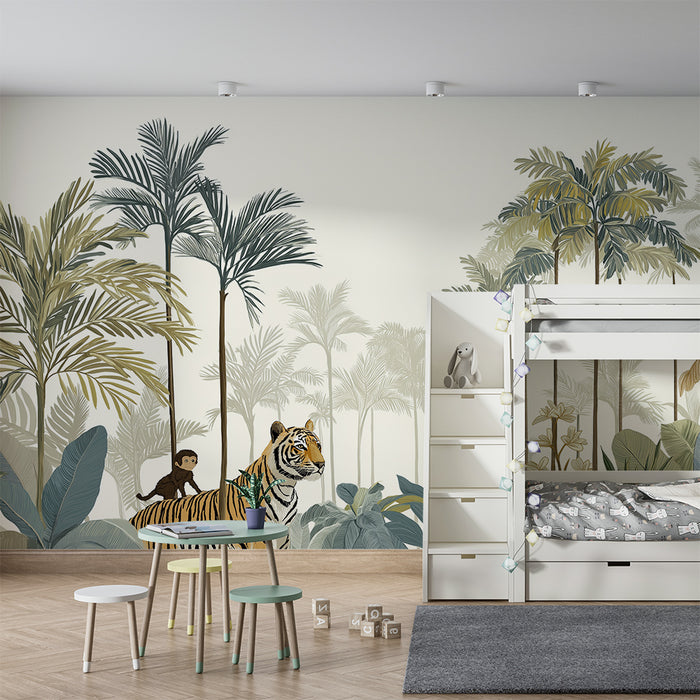 Papier de parede dječje sobe | Majstorski tigar i nestašni majmun u tropskoj džungli