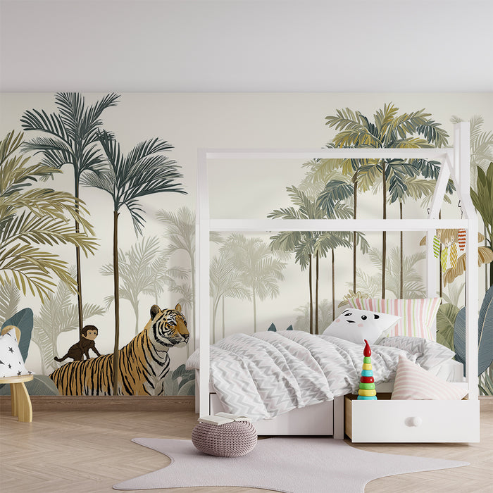 Papier de parede dječje sobe | Majstorski tigar i nestašni majmun u tropskoj džungli