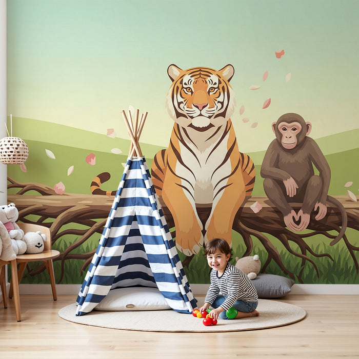 Kinderzimmer Tapete | Majestätischer Tiger und verspielter Affe auf einem Ast