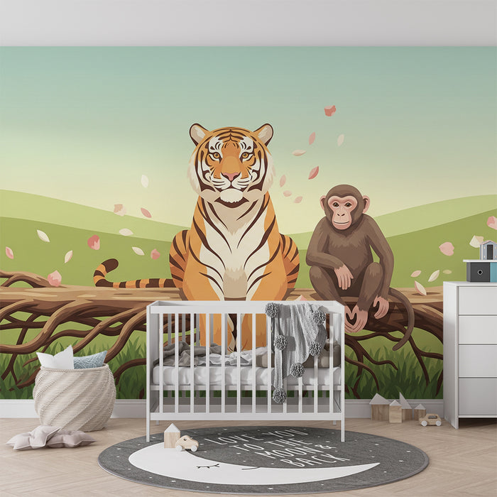Kinderzimmer Tapete | Majestätischer Tiger und verspielter Affe auf einem Ast