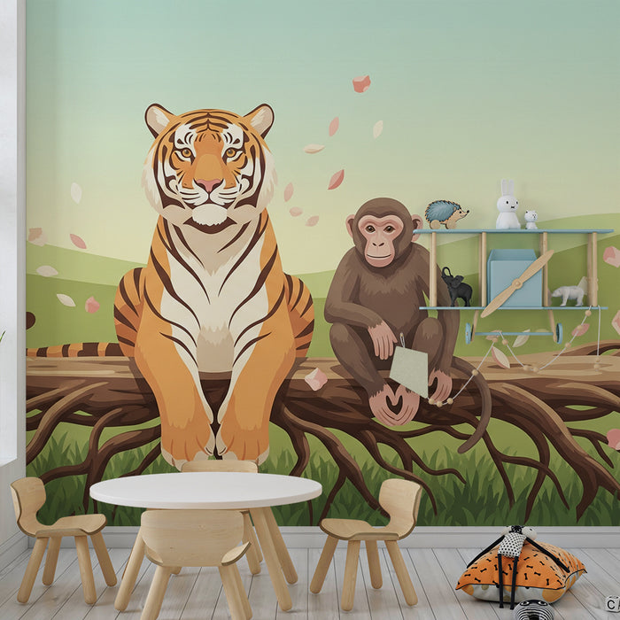 Kinderzimmer Tapete | Majestätischer Tiger und verspielter Affe auf einem Ast