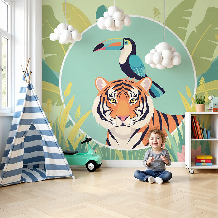 Carta da parati bambini | Tigre maestoso e tucano in una giungla colorata