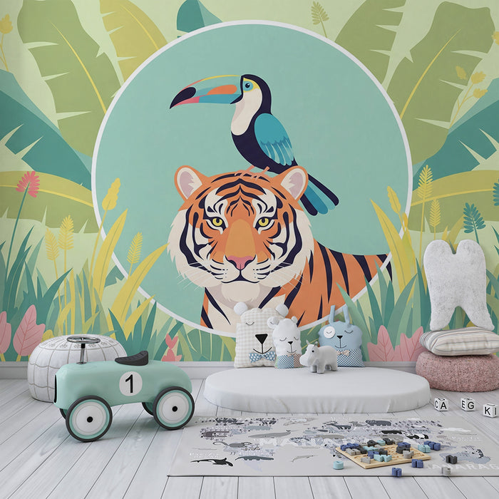 Carta da parati bambini | Tigre maestoso e tucano in una giungla colorata