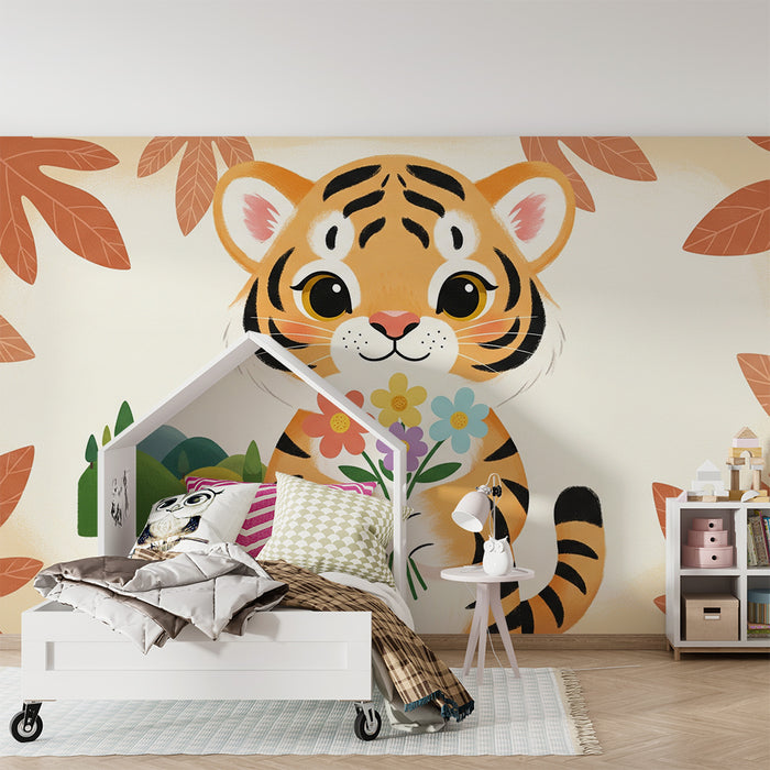 Børneværelse tapet | Sød tiger med blomster og naturlandskab