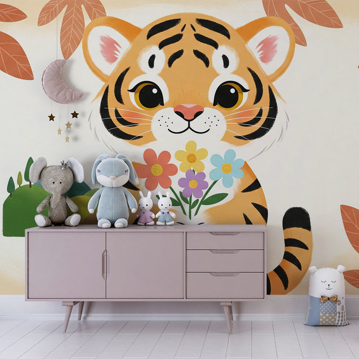 Børneværelse tapet | Sød tiger med blomster og naturlandskab