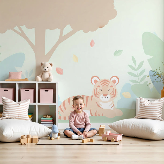 Kinderzimmer Tapete | Niedlicher Tiger und ruhige Natur