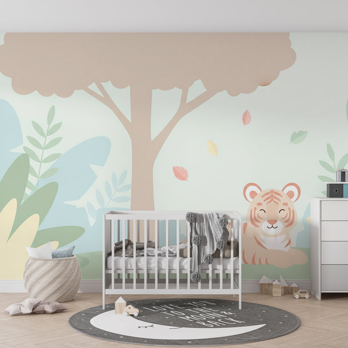 Kinderzimmer Tapete | Niedlicher Tiger und ruhige Natur