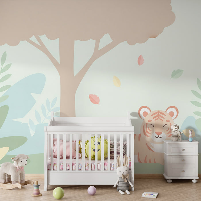 Kinderzimmer Tapete | Niedlicher Tiger und ruhige Natur