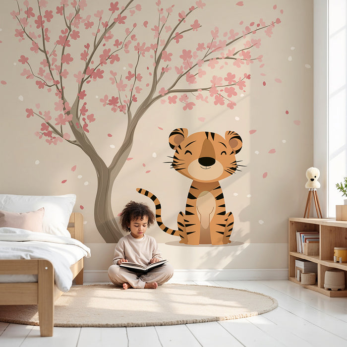 Børneværelse tapet | Sød tiger under et blomstrende kirsebærtræ