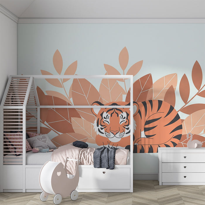 Tapet barnerom | Fredelig tiger omgitt av myke blader