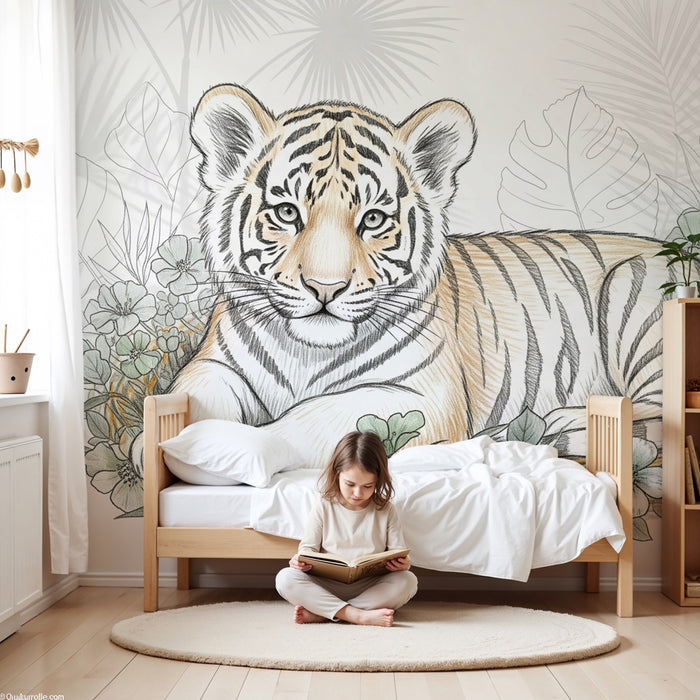 Kinderkamer behang | Rustige tijger omringd door bloemen