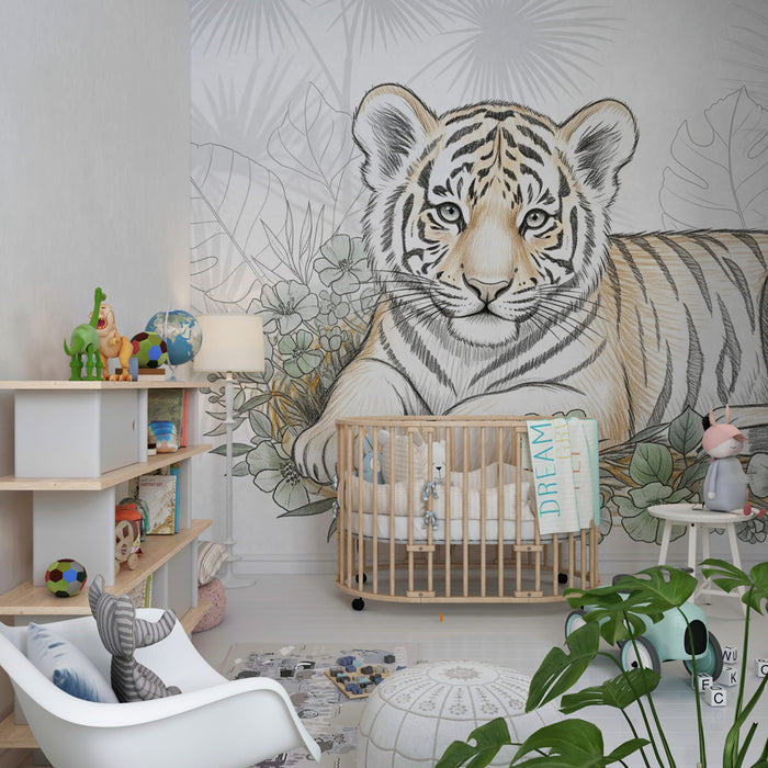 Kinderkamer behang | Rustige tijger omringd door bloemen