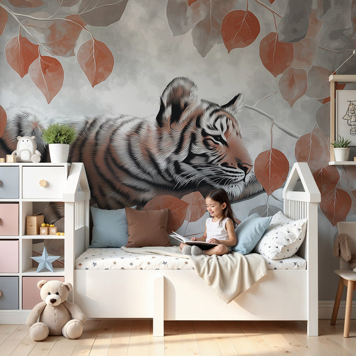 Kinderzimmer Tapete | Friedlicher Tiger und elegantes Blattwerk