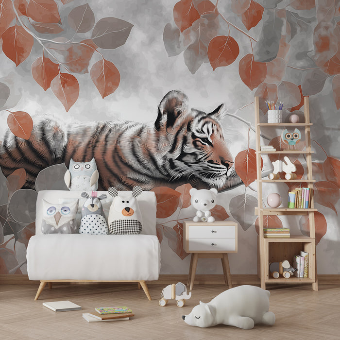 Kinderzimmer Tapete | Friedlicher Tiger und elegantes Blattwerk