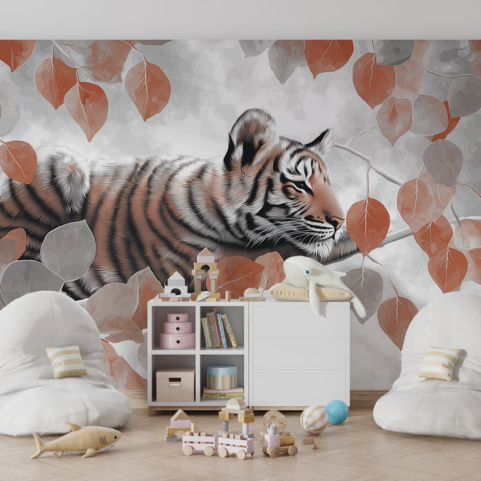 Kinderzimmer Tapete | Friedlicher Tiger und elegantes Blattwerk