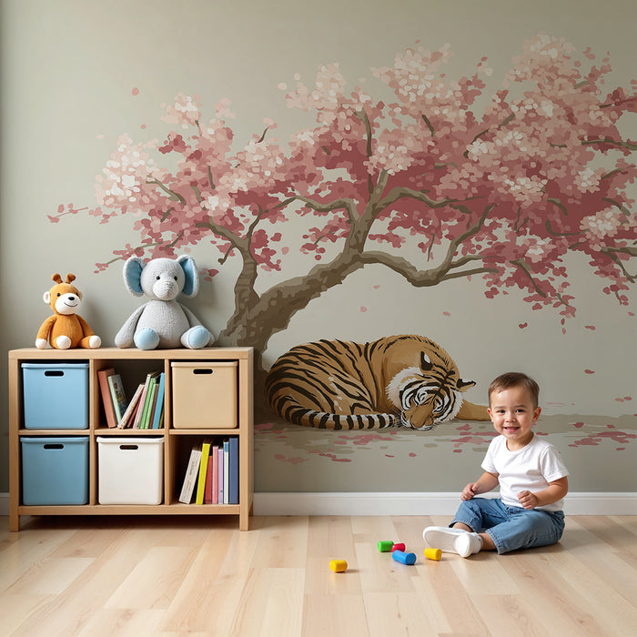 Børneværelse tapet | Fredelig tiger under et blomstrende kirsebærtræ
