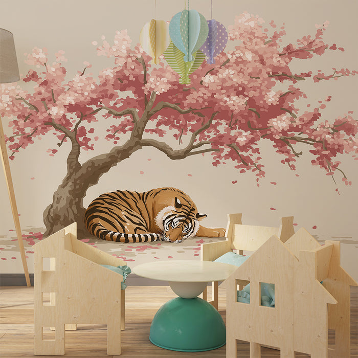 Børneværelse tapet | Fredelig tiger under et blomstrende kirsebærtræ