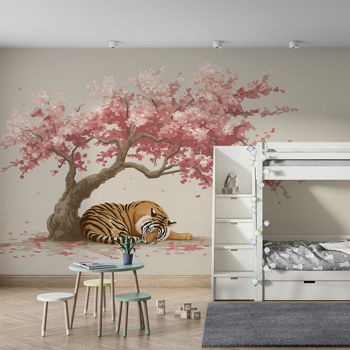 Børneværelse tapet | Fredelig tiger under et blomstrende kirsebærtræ