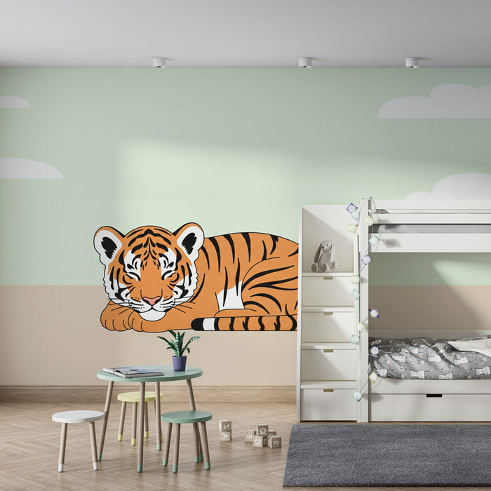 Kinderkamer behang | Rustige tijger op zachte achtergrond
