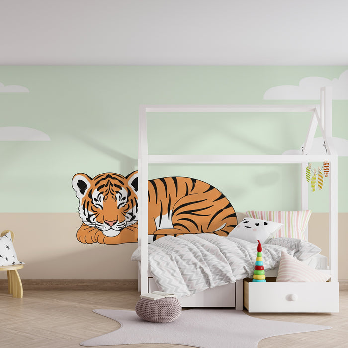 Kinderkamer behang | Rustige tijger op zachte achtergrond
