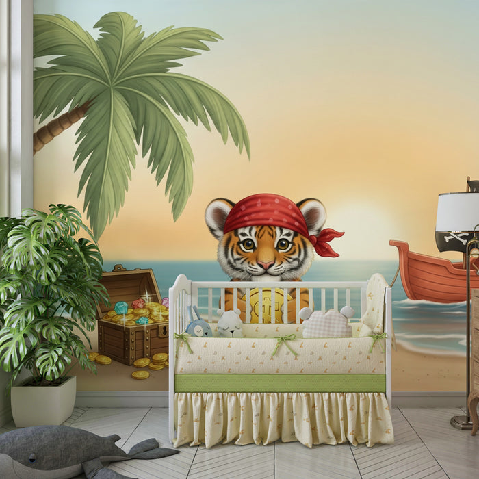 Kinderkamer behang | Piratentijger op het strand