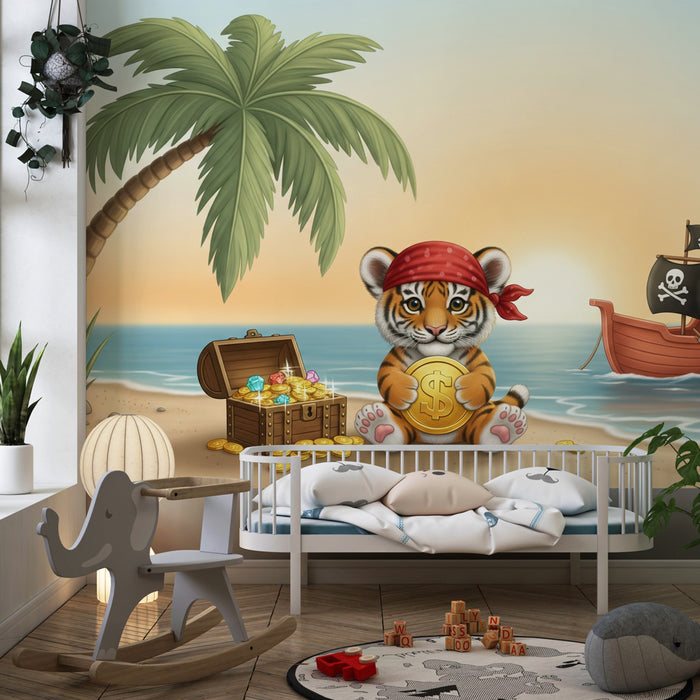 Kinderkamer behang | Piratentijger op het strand