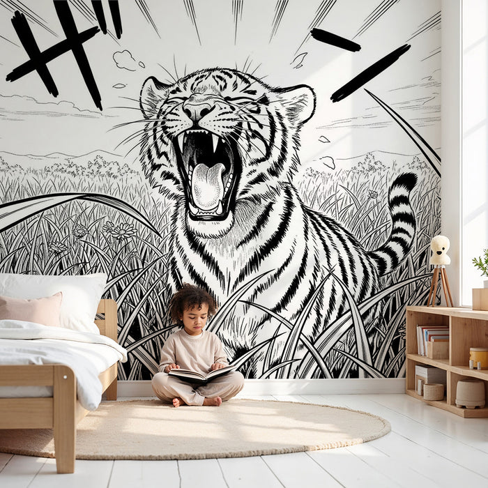 Papier peint chambre enfant | Tigre rugissant dans la savane