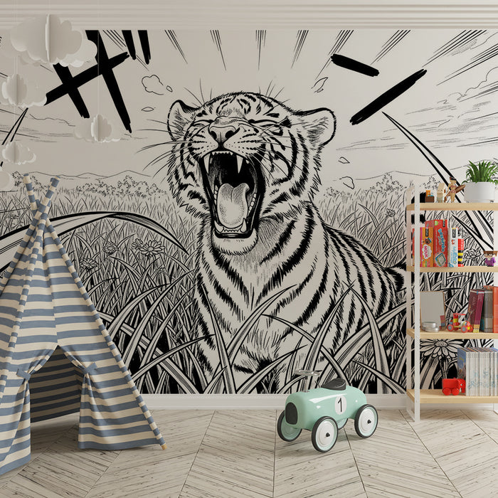 Papier peint chambre enfant | Tigre rugissant dans la savane