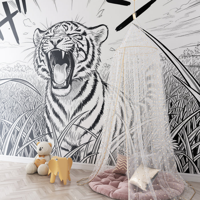 Papier peint chambre enfant | Tigre rugissant dans la savane