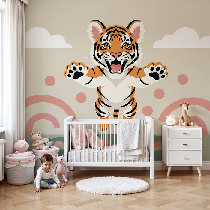 Papel de parede criança | Tigre pulando com cores vivas e formas lúdicas