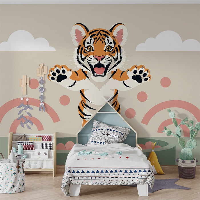 Papel de parede criança | Tigre pulando com cores vivas e formas lúdicas