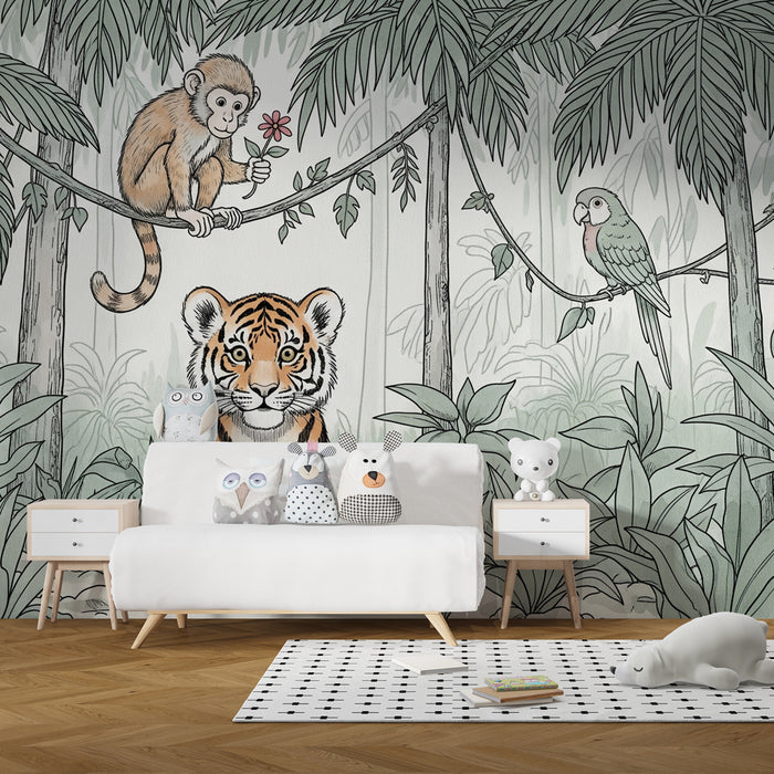 Kids room wallpaper | Tiger, monkey, and parrot in the jungle