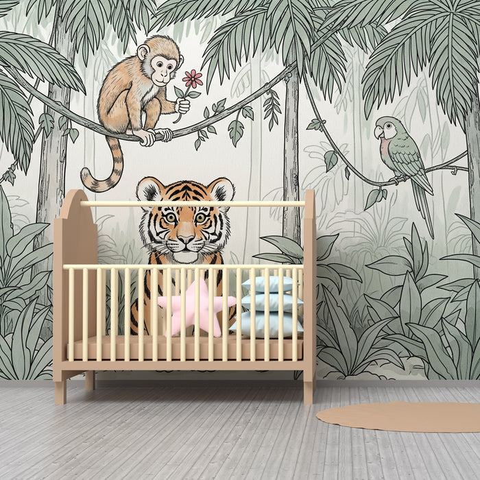 Kids room wallpaper | Tiger, monkey, and parrot in the jungle