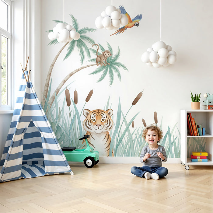 Kids room wallpaper | Tiger, monkey, and parrot in a tropical jungle