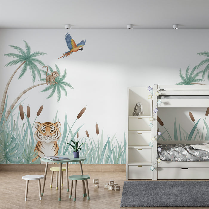 Kids room wallpaper | Tiger, monkey, and parrot in a tropical jungle