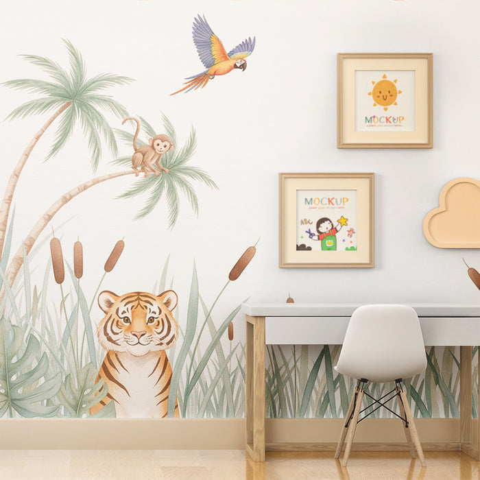 Kids room wallpaper | Tiger, monkey, and parrot in a tropical jungle