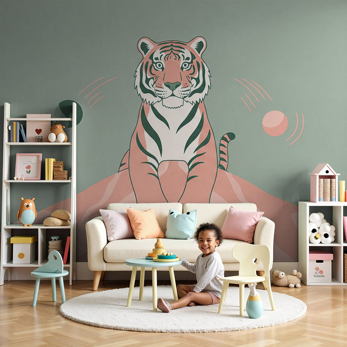 Kinderkamer behang | Gestileerde tijger op een pastel planeet
