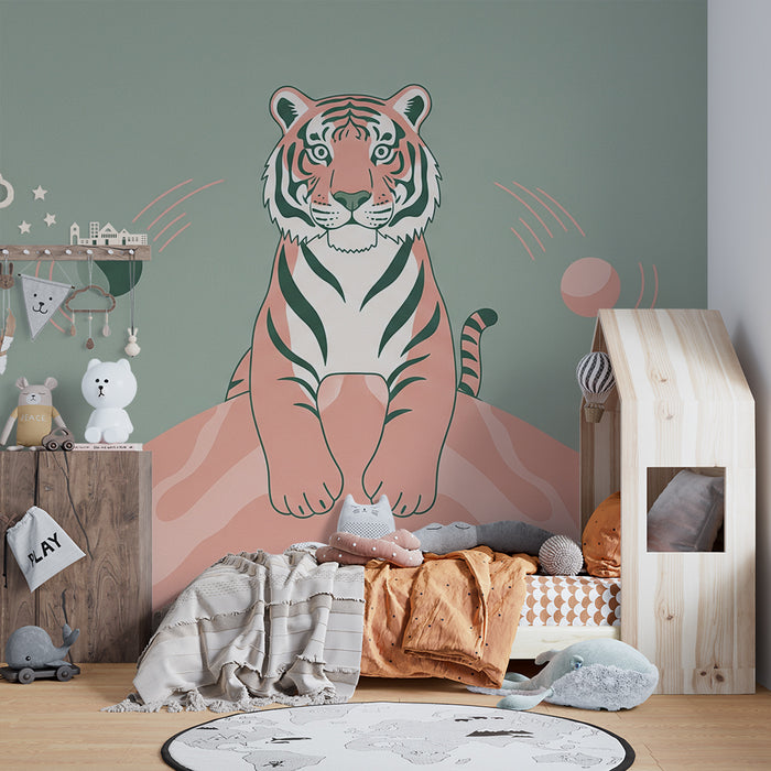 Kinderkamer behang | Gestileerde tijger op een pastel planeet