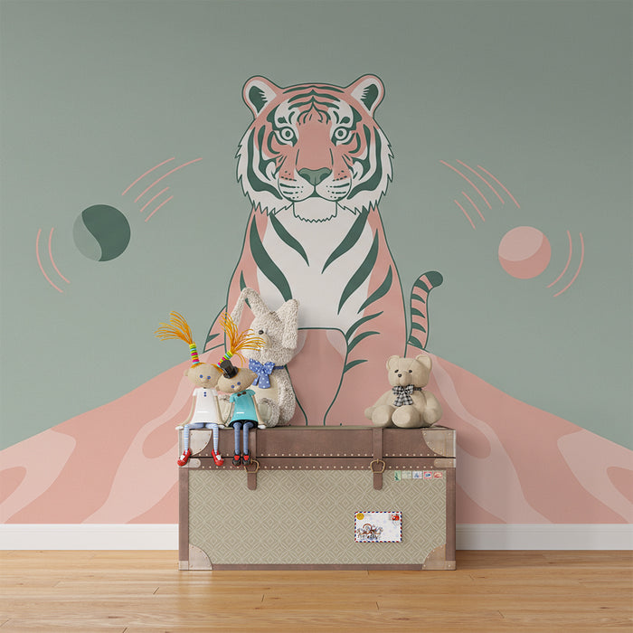 Kinderkamer behang | Gestileerde tijger op een pastel planeet