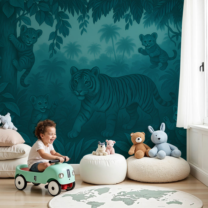 Papel pintado infantil | Tigres y bebés tigres en la selva