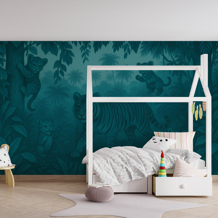 Papel pintado infantil | Tigres y bebés tigres en la selva