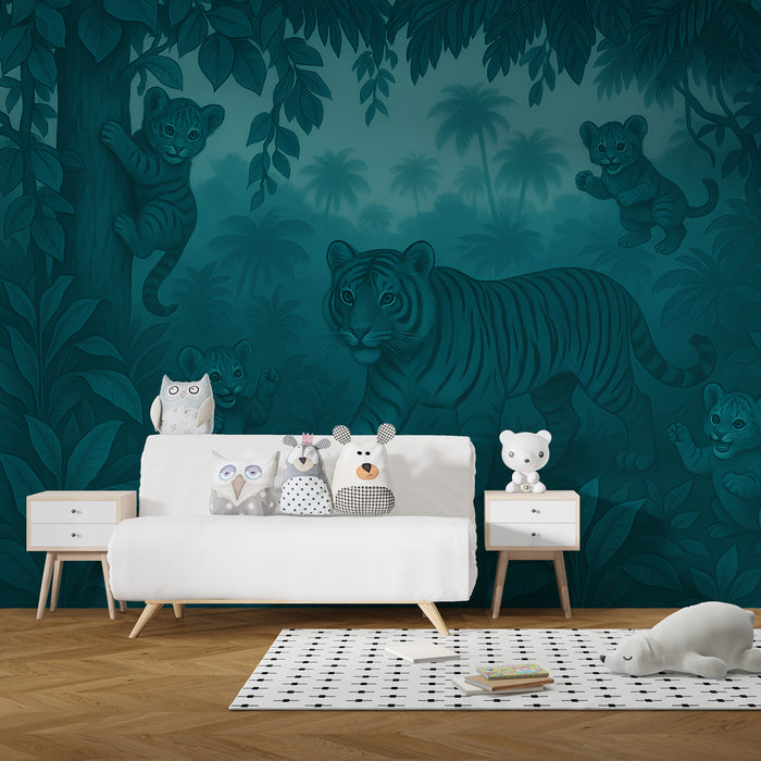Papel pintado infantil | Tigres y bebés tigres en la selva