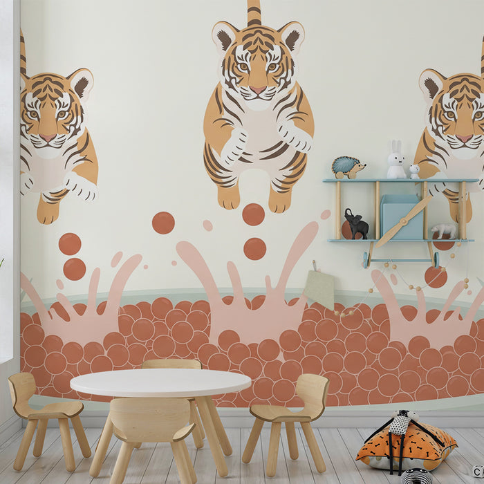 Kinderkamer behang | Tijgers spelers springen in een kleurrijke vijver