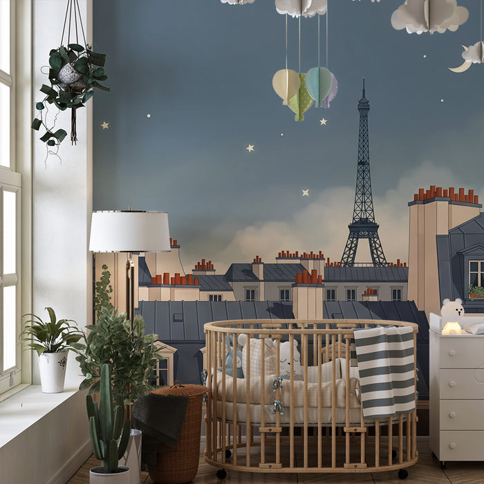 Børnetapet | Paris' tage under en stjernehimmel med Eiffeltårnet