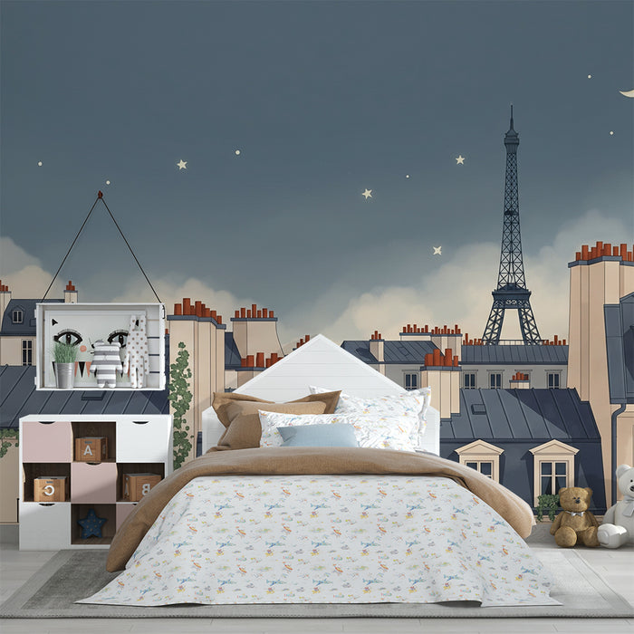 Børnetapet | Paris' tage under en stjernehimmel med Eiffeltårnet