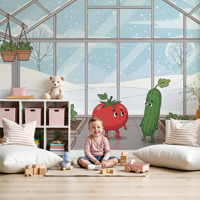 Papel de parede para quarto de criança | Estufa com tomates e pepinos na neve