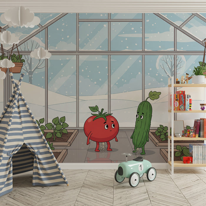 Papel de parede para quarto de criança | Estufa com tomates e pepinos na neve