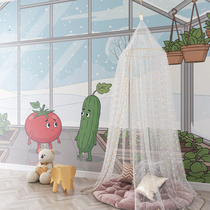 Papel de parede para quarto de criança | Estufa com tomates e pepinos na neve