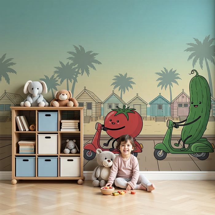Papier peint chambre enfant | Tomate et concombre en scooter sur la plage