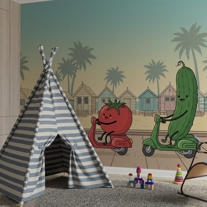Papier peint chambre enfant | Tomate et concombre en scooter sur la plage